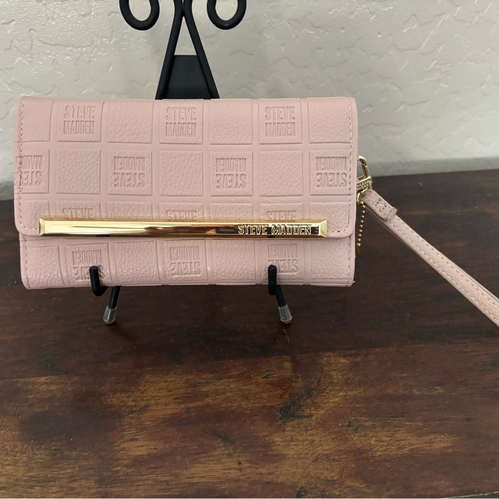 Steve Madden Pink LogoBar Embossed Wristlet with Gold Accent
